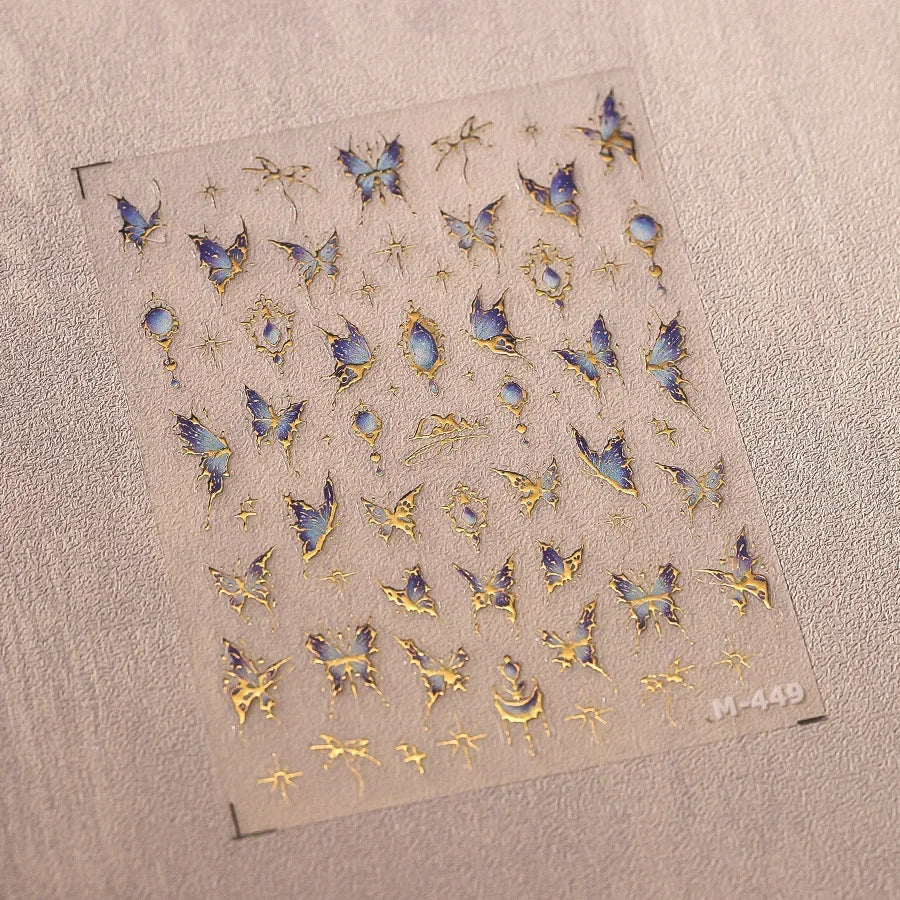Shiny Jelly Butterfly Charming Golden Gradient Bowknot 5D Self Adhesive Nail Art Sticker Flower Petal Rhinestone Manicure Decals