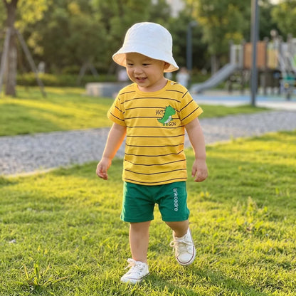 Summer Casual Baby Set Dinosaur Style Stripe T-shirt+Shorts 2Pcs Clothes for Boys Girls Soft Cotton Infant Outfit