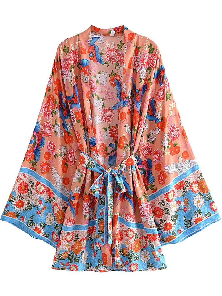 Boho Queens Vintage Peacock Floral Print Sashes Beach Kimono Women Bohemian Wrap Batwing Sleeves Holiday Bikini Cover-ups