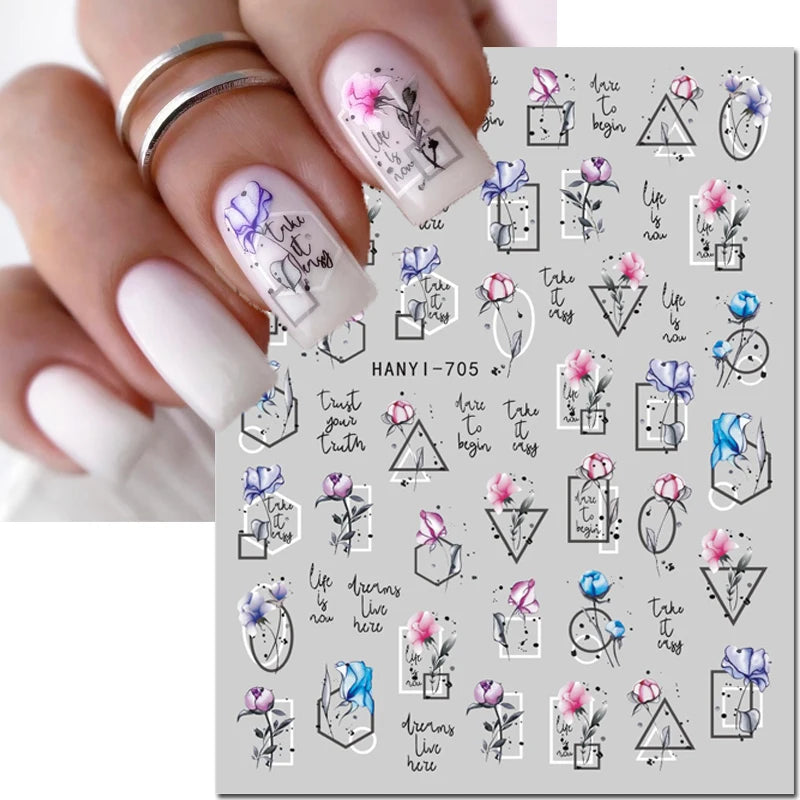 3d Nail Art Decals Elegant White RoyalBlue Roses Flowers Adhesive Sliders Nail Stickers Decoration For Nail Manicure