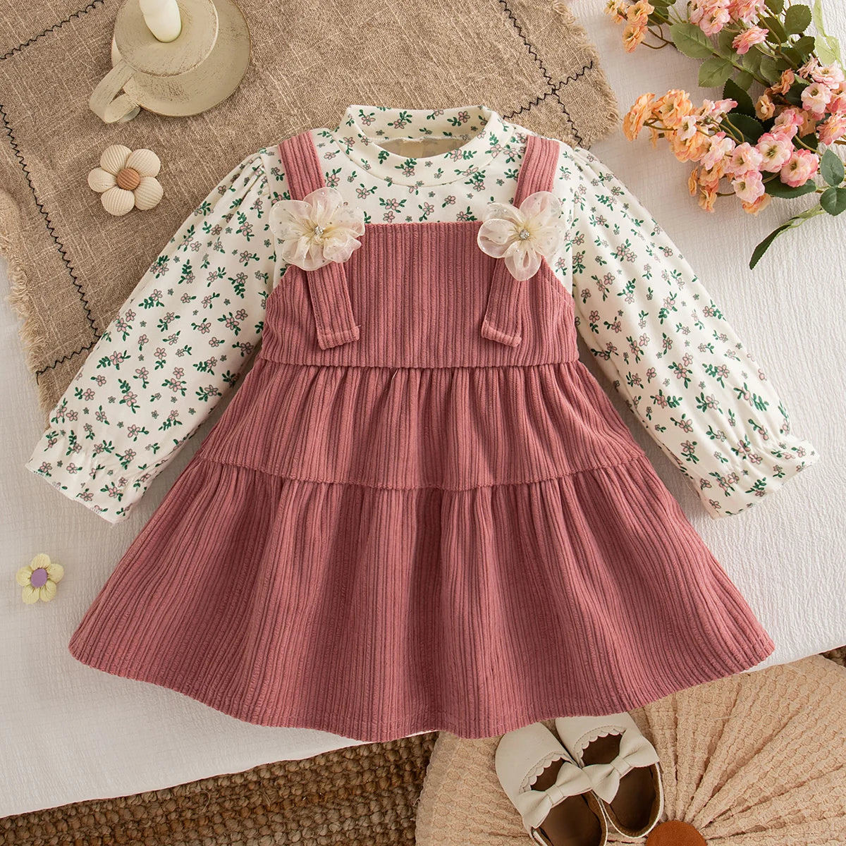 Retro Floral Print Toddler Baby Dress Long Sleeve Casual Outfit Baby Girls Daily Play Clothes Comfortable Baby Wear