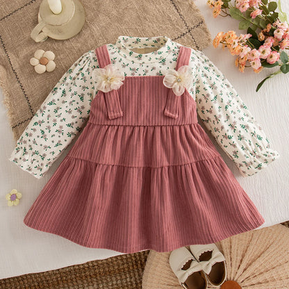 Retro Floral Print Toddler Baby Dress Long Sleeve Casual Outfit Baby Girls Daily Play Clothes Comfortable Baby Wear
