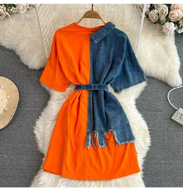 Retro Hong Kong Sle Chic Casual Mid-Length round Ne Patchwork Color Denim irt with Belt Spring New Women's Faion Top