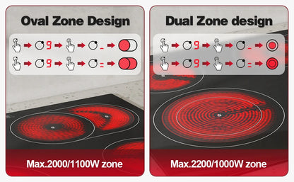 2-Zone Ceramic Hob, 3000W with Child Lock, 9 Heat Levels, 1-99min Timer, Black (CE Certified)