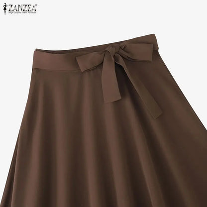 ZANZEA Elegant Maxi Skirts 2026 Women Elastic Waist Jupes Casual Faldas Saia Belted High Waist Fashion Solid Street Overskirts