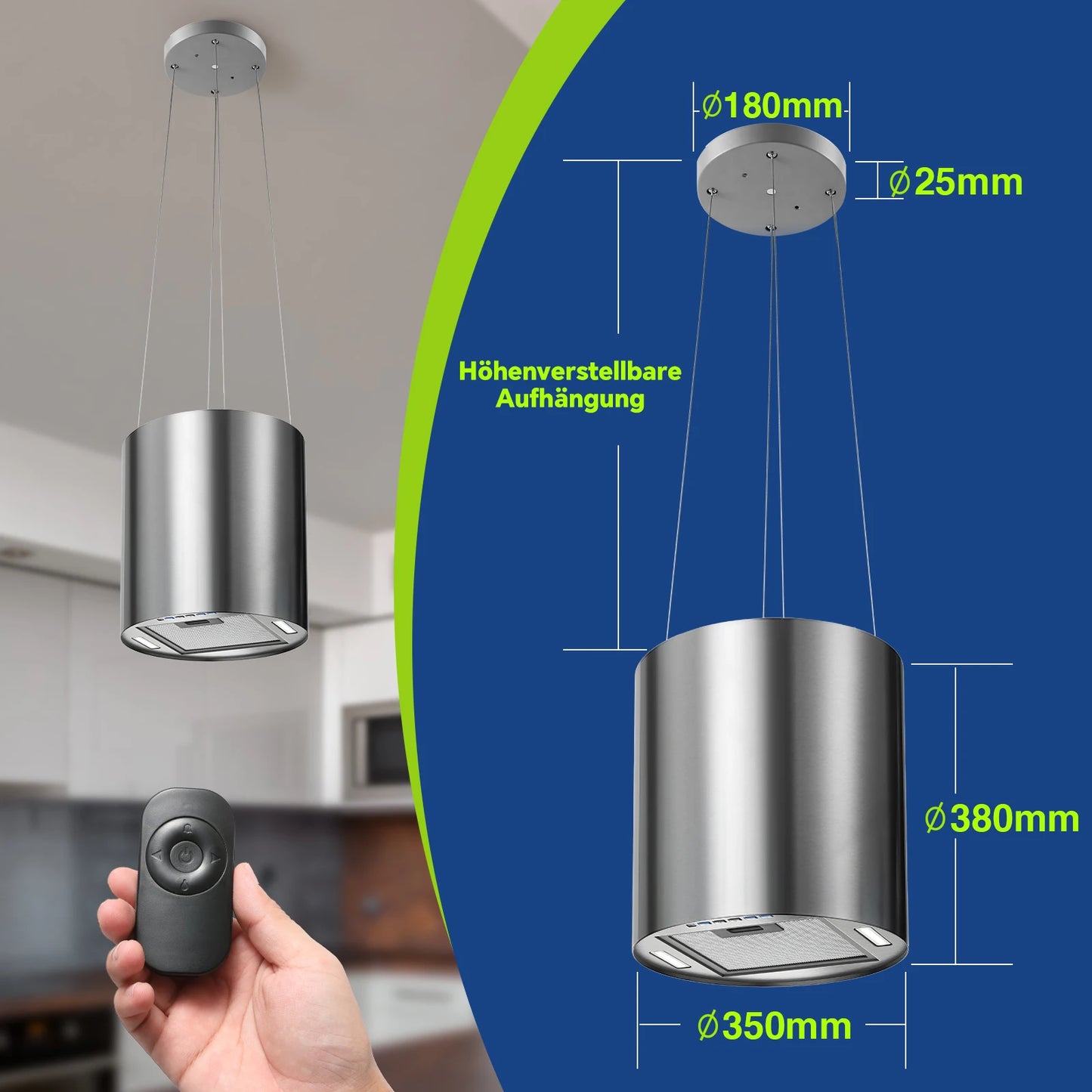 Salos gaubtas 700/800m³/h, A+ energija, 5 sluoksnių filtras, LED, be ortakių, juodas, CE, mygtukas