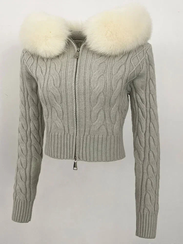 Fashion Natural Fox Fur Collar with Knitted Sweater Women Casual Sweater 2025 New Spring Autumn Slim Fit Elastic Oversized Coat