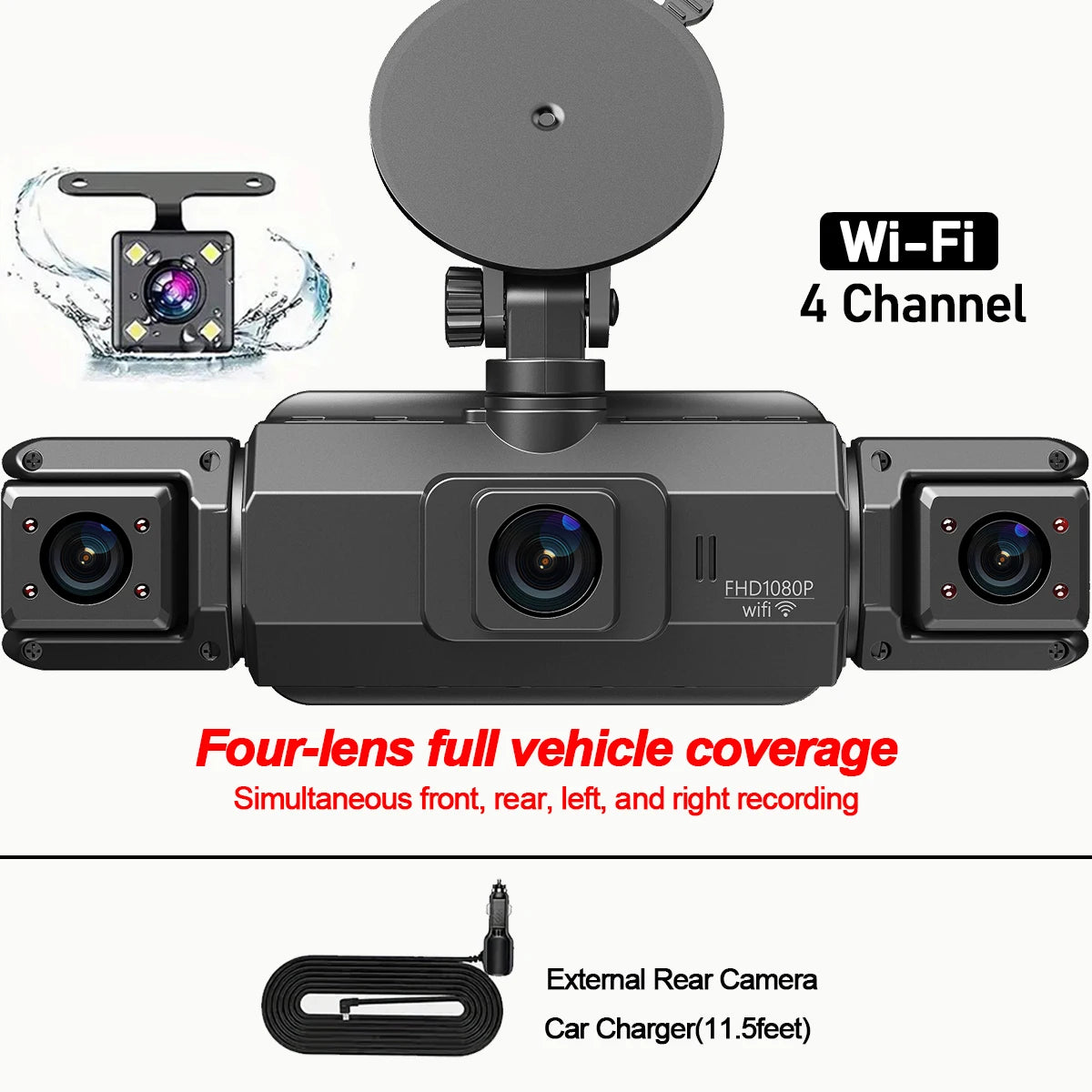 Dashcam 4 Channels WiFi Car DVR Dashboard Cameras for Car Way Back Box Parking Mode 24H Front and Rear Interior 360 Dash Cam