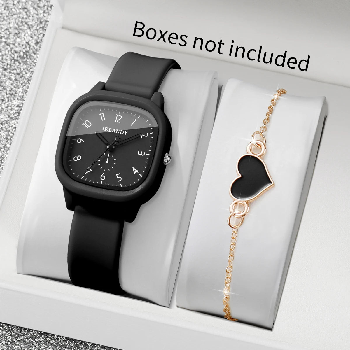 2PCS Fashion Arabic Dial Women Quartz Watch Heart Bracelet Set Square Silicone Strap Wristwatches Reloj Mujer (Without Box)