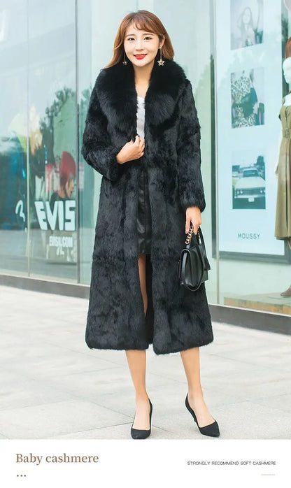 Real Rex Rabbit Fur Coat Women Autumn Winter Long Jacket Thick Warm New Fashion Fox Fur Collar Elegant Female Warm Outerwear