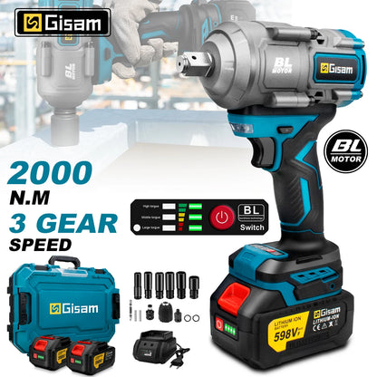 Gisam 2000N.M Brushless Electric Impact Wrench 1/2 inch Cordless Screwdriver Drill 3Gear Electric Wrench Power Tool For Makita 18V Battery Pin