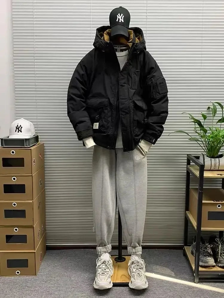 Luxury High-end Down Jackets Men Winter Warm Cargo Coat White Duck Down Coat Windproof Pockets Hooded Thick Parkas Canada