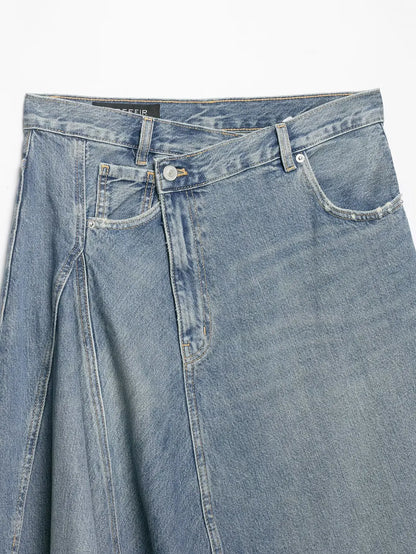 Women'sAsymmetric Denim Skirt New Spring Casual Mid Waist Pocket Women Lace Skirts Fashion Female Chic Skirts