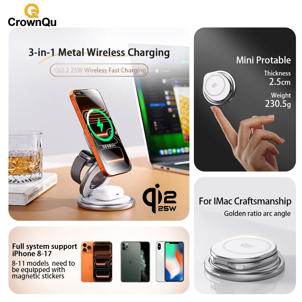 Protable 25W Metal Wireless Charger Qi2.2 Fast Charging Station Stand 360° Rotation for iPhone 17 16 15 14 Pro Max Watch Airpods