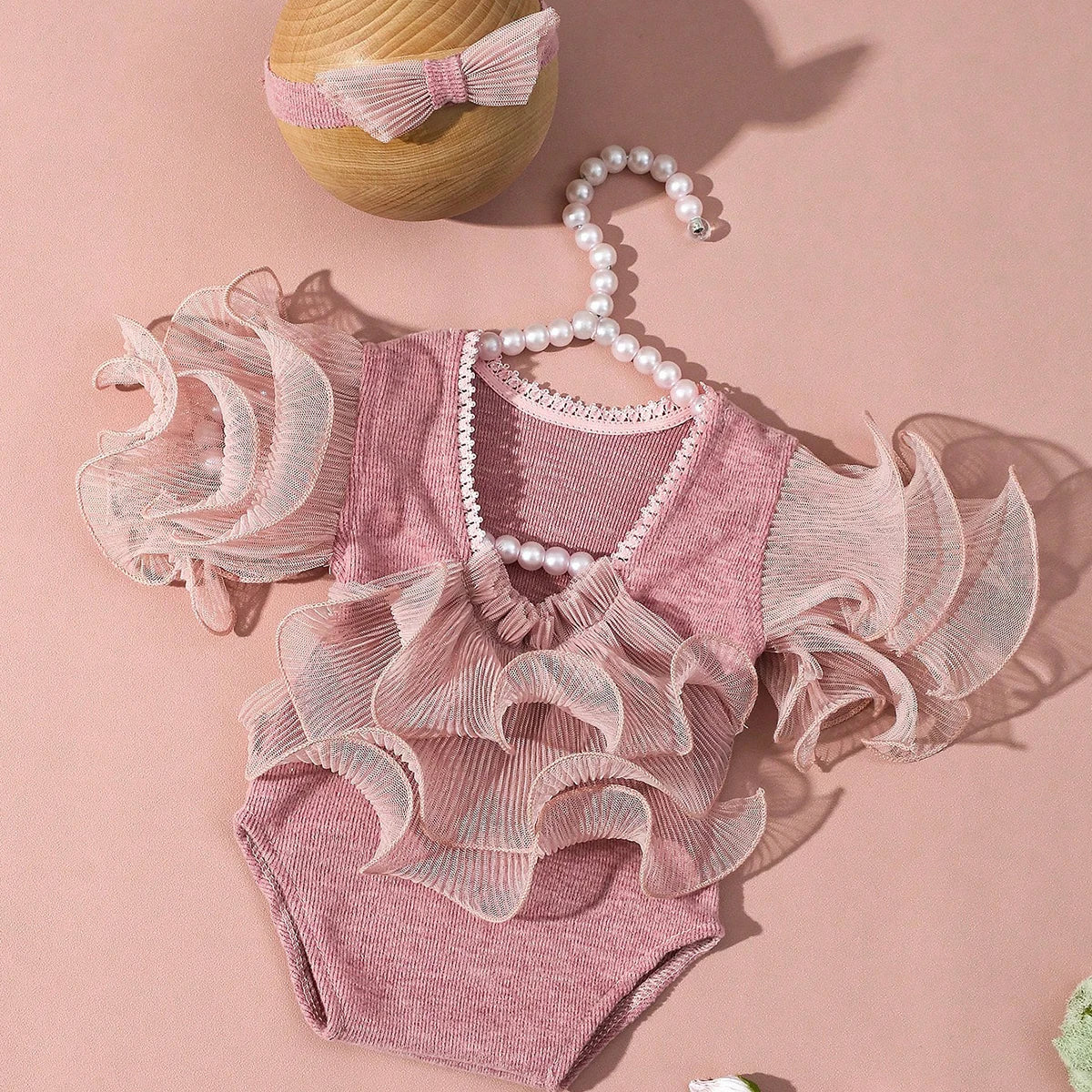 Ylsteed 2 Pieces Set Beige Newborn Photography Costume Lace Romper Bow Headband Set Baby Girl Photo Shooting Outfits