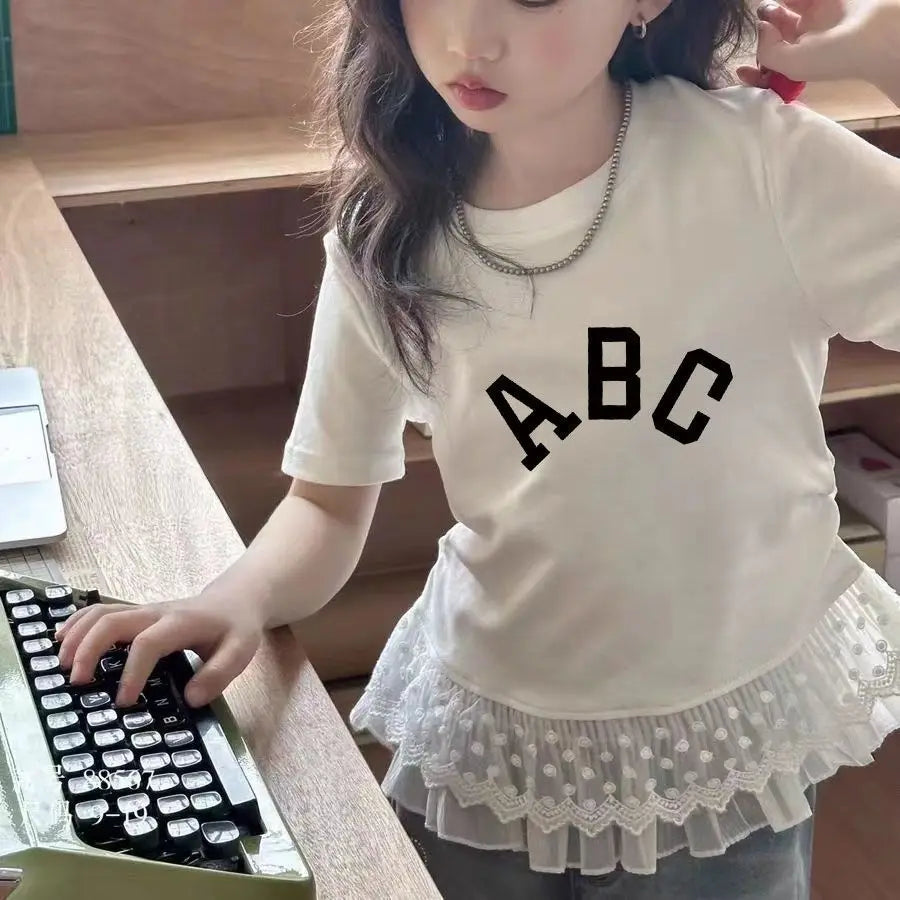 Childrens clothing baby girls summer casual lace t-shirt 2025 short sleeved Lace splicing new white tops 3-12 kids clothes