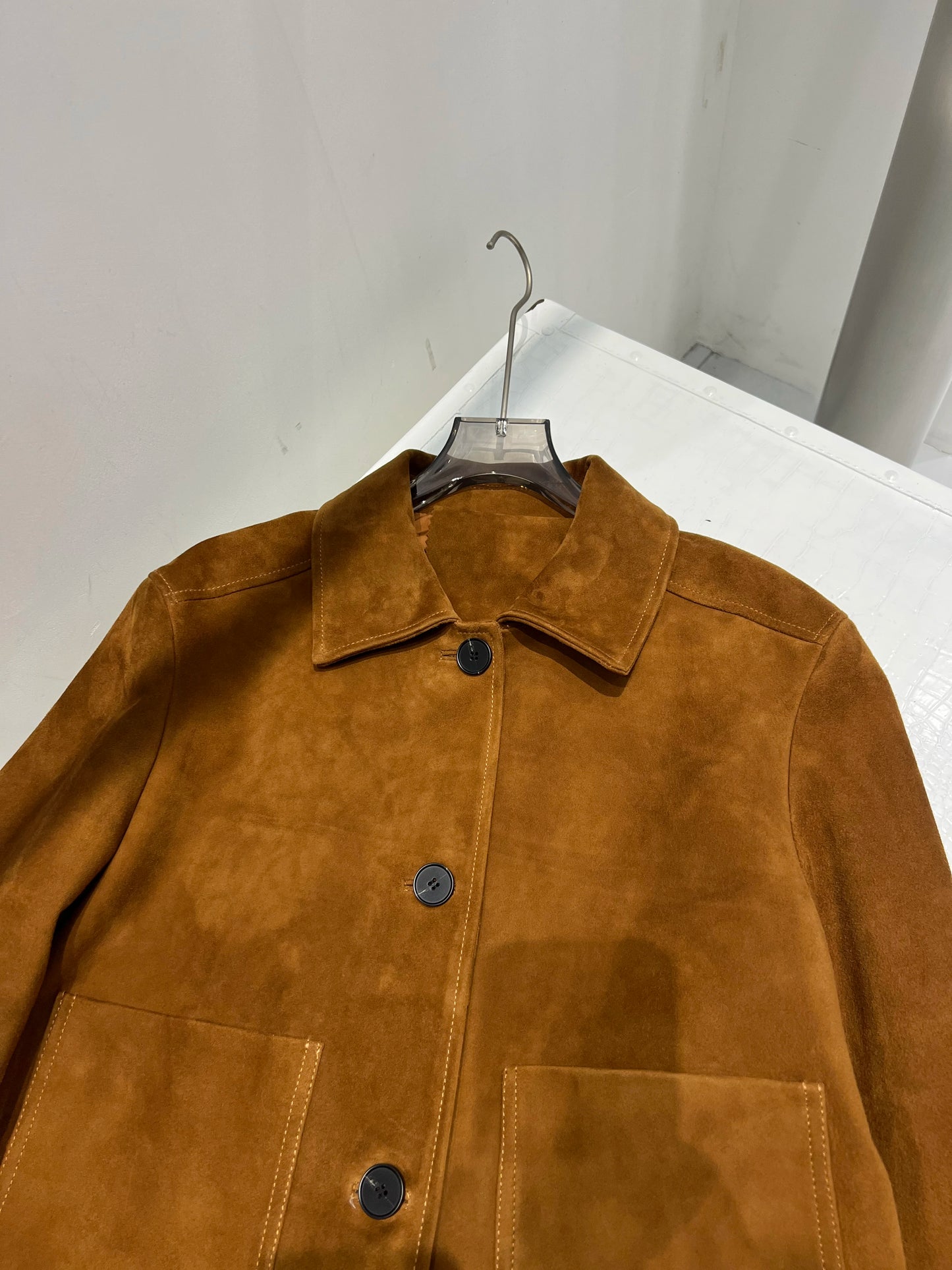 European Imported Kid Suede Leather Jacket for Woman High Grade Turn Down Collar Pocket Short Cropped Coat Long Sleeve Top Mujer