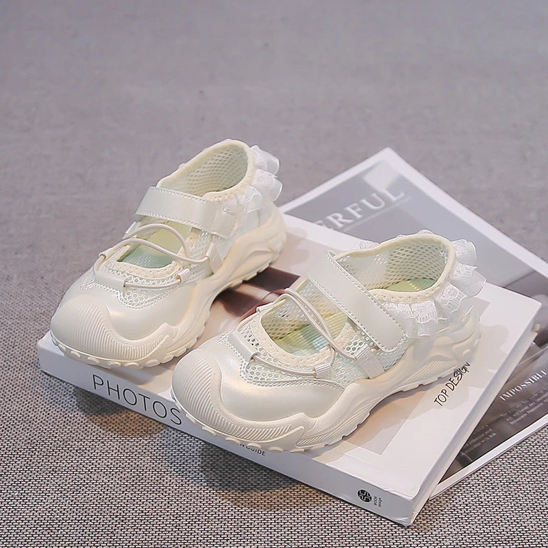 Summer Toddler Girls Breathable Mesh Sneakers Lace Decor Anti-Collision Non-Slip Sole for Daily School Outdoor WeaI