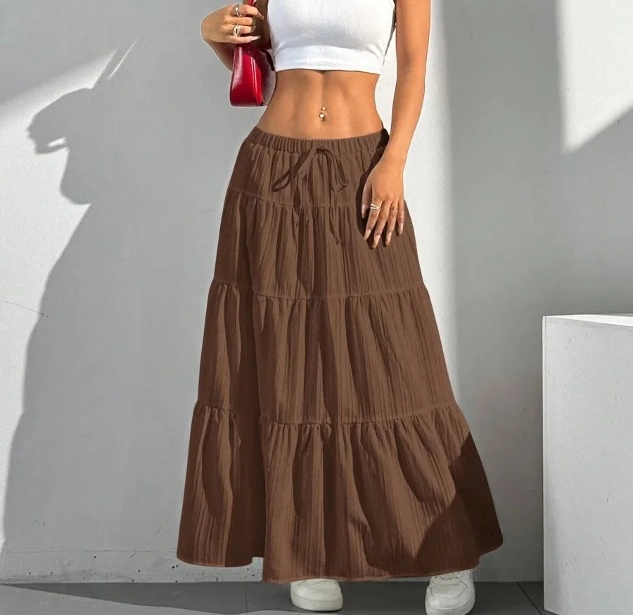 European and American Cross-Border New Style Wish Spring and Summer Women's Skirts, Tie-Strap Spliced Flared Skirts, Loose Long