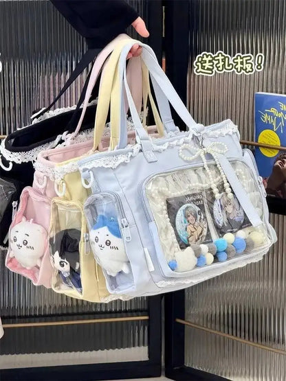 Japanese Sweet Women Ribbon Ita Bag Cute Lolita Girl Transparent Handbags Fashion Large Capacity Tote Bag Aesthetic Shoulder Bag