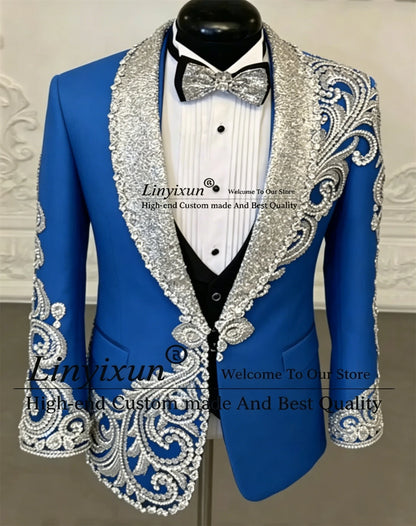 Designer Style Sparkling Diamond Men Suits For Wedding Prom Blazers Outfits 3 Pieces Groom Tuxedos Customized trajes para hombre