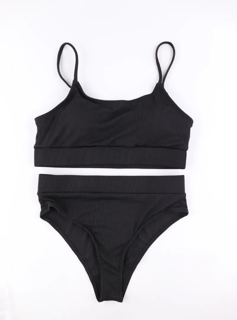 Cikini-Solid High Waist Bikinis Set for Women, Small Pit Stripe Swimsuit, Summer Beach Swimwear, Bathing Suit