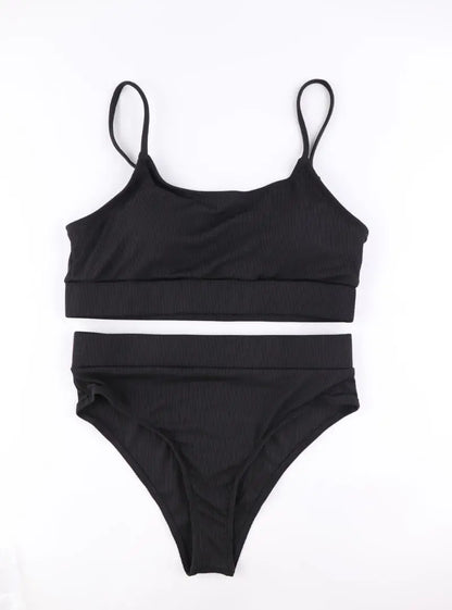 Cikini-Solid High Waist Bikinis Set for Women, Small Pit Stripe Swimsuit, Summer Beach Swimwear, Bathing Suit