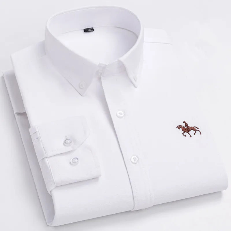 Basic Oxford Dress Shirt For Men Long Sleeve 100% Pure Cotton Solid  Casual Plaid Striped Social Business Male Regular-Fit S-6XL
