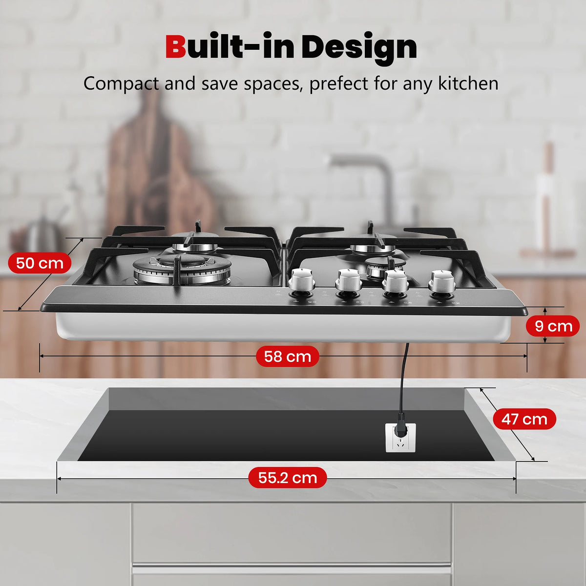 4 Burners Black Enamelled Plate 58 cm Automatic Flame Protection, Natural Gas and Propane Gas, Built-in Gas Hob