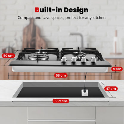4 Burners Black Enamelled Plate 58 cm Automatic Flame Protection, Natural Gas and Propane Gas, Built-in Gas Hob