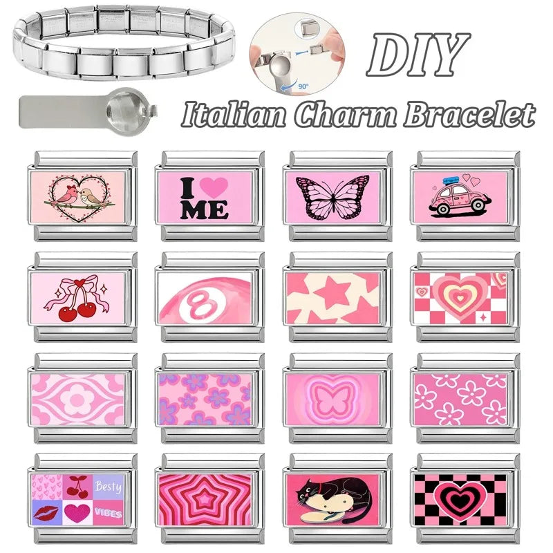 Wholesale Sweet Pink Series Stars Heart Flowers Butterfly Italian Link Fit 9mm Stainless Steel Bracelet Making DIY Charm Jewelry