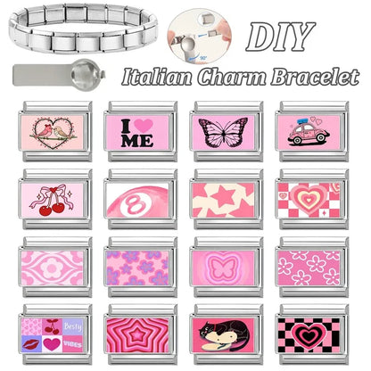 Wholesale Sweet Pink Series Stars Heart Flowers Butterfly Italian Link Fit 9mm Stainless Steel Bracelet Making DIY Charm Jewelry