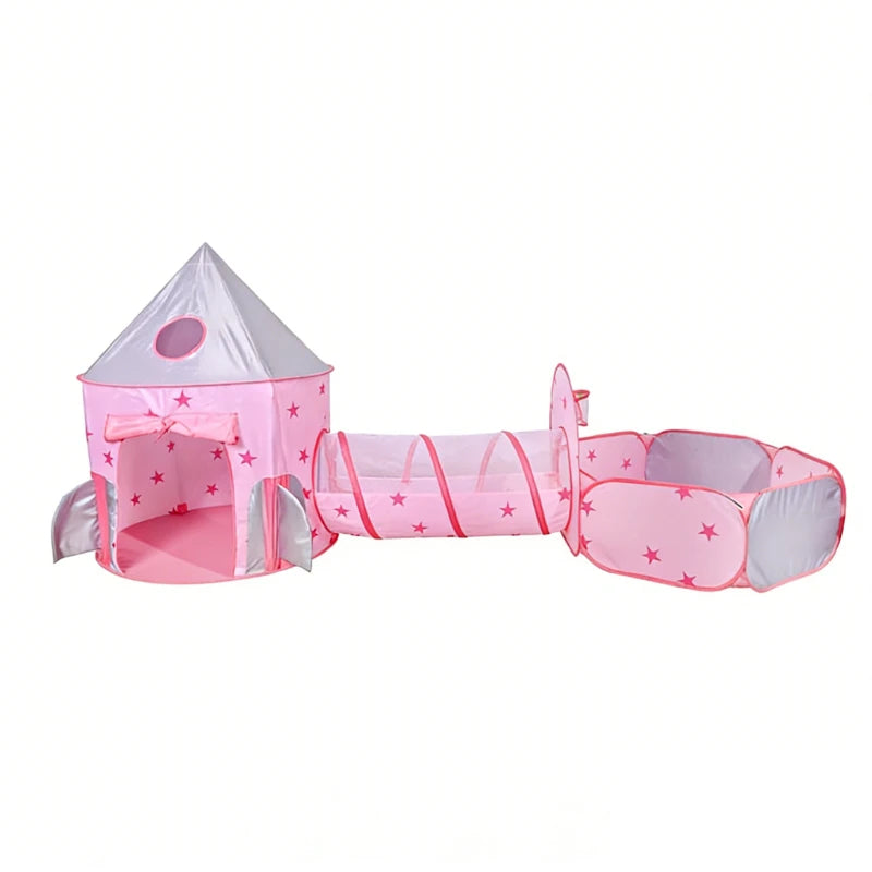 Pink Kids Tent with Tunnel & Ball Pit, Princess Play Tent for Girls, Indoor Outdoor Baby Ball Pit Playhouse with Basketball Hoop