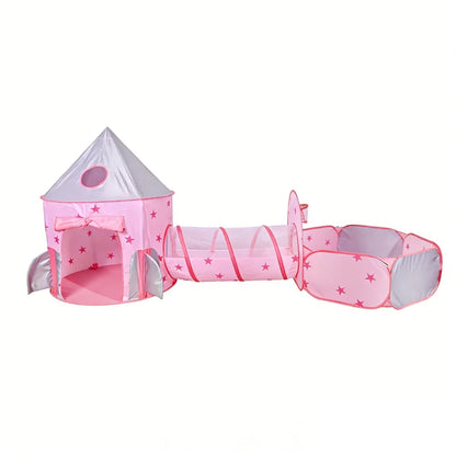 Pink Kids Tent with Tunnel & Ball Pit, Princess Play Tent for Girls, Indoor Outdoor Baby Ball Pit Playhouse with Basketball Hoop