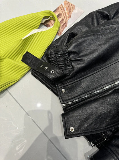 New Outerwear Leather Jacket Women American Retro Top Sheepskin Bubble Leather Double Lapel Loose Profile Coffee Locomotive Coat