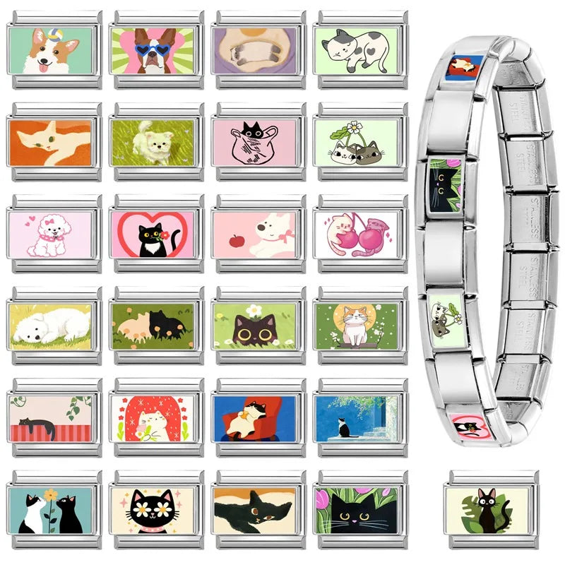 2026 Women's Funny Cat Bite Tail Elephant Dog Animals Italian Charm Link Fit 9mm Stainless Steel Module Bracelet Making Jewelrys