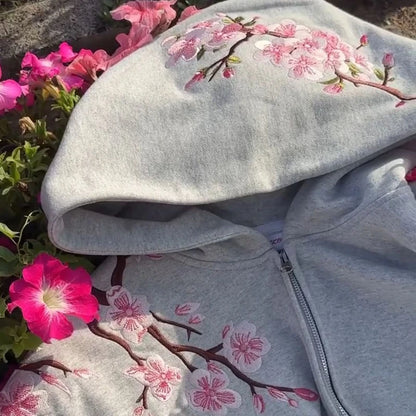 2025 Autumn/Winter Fashion Cherry Blossom Embroidery Patch Zipper Hoodie for Men and Women Y2K Harajuku Retro Gothic Casual Clow