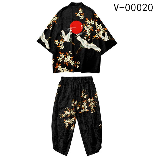 Large Size 5XL 6XL Japanese Kimono Cardigan Pants Set Print Fox Men Women Shirt Tradition Yukata Haori Obi Cosplay Costume