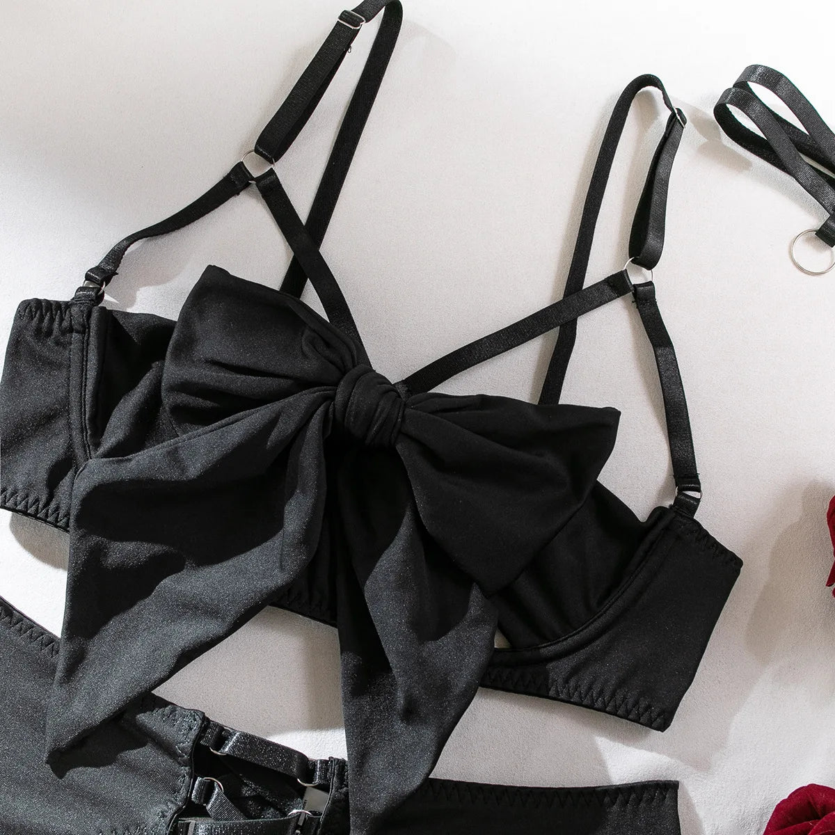 sexy lingerie set Bow bra Black Temptation Bra Set Belt Hollowed Out Gathering Four Piece underwear women Set Erotic Sleepwear