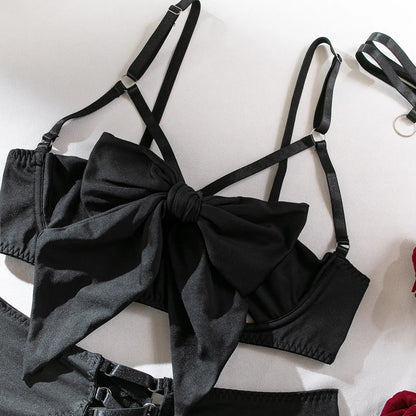 sexy lingerie set Bow bra Black Temptation Bra Set Belt Hollowed Out Gathering Four Piece underwear women Set Erotic Sleepwear