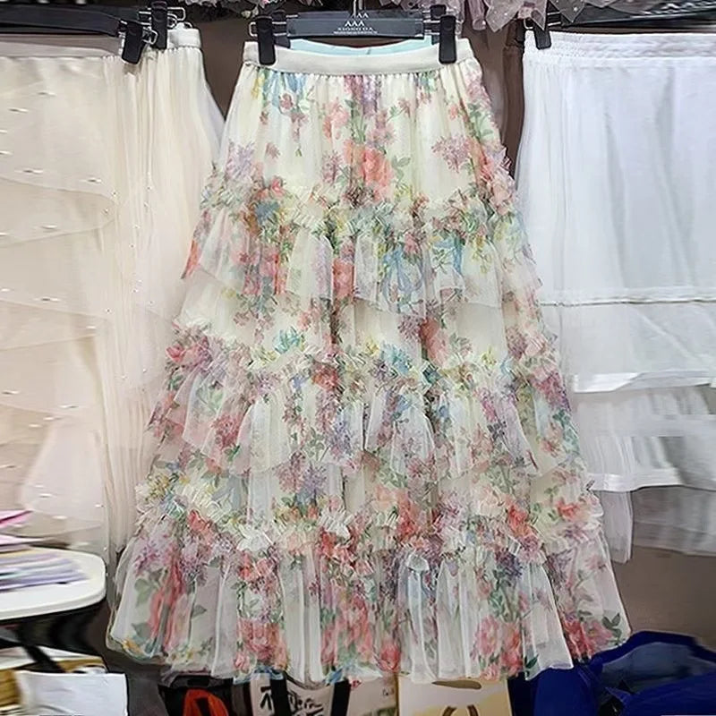 Faldas Y2k Elastic Waist Floral Print Mesh Skirt Women Summer Beach Vacation Style Versatile Stitching A-line Elegant Long Skirt