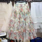 Faldas Y2k Elastic Waist Floral Print Mesh Skirt Women Summer Beach Vacation Style Versatile Stitching A-line Elegant Long Skirt