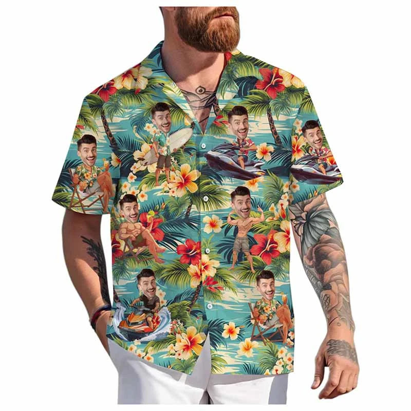 Custom Face Hawaiian Shirt Unisex Funny Personalized 3D Printed Button Shirts 2025 Beach Short Sleeves Lapel Shirts DIY Blouses