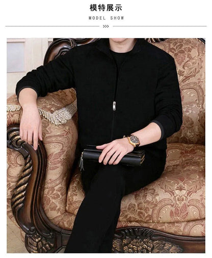 Middle aged and elderly men's two-piece casual wear and sportswear set, long sleeved set, public edition solid color cardigan to