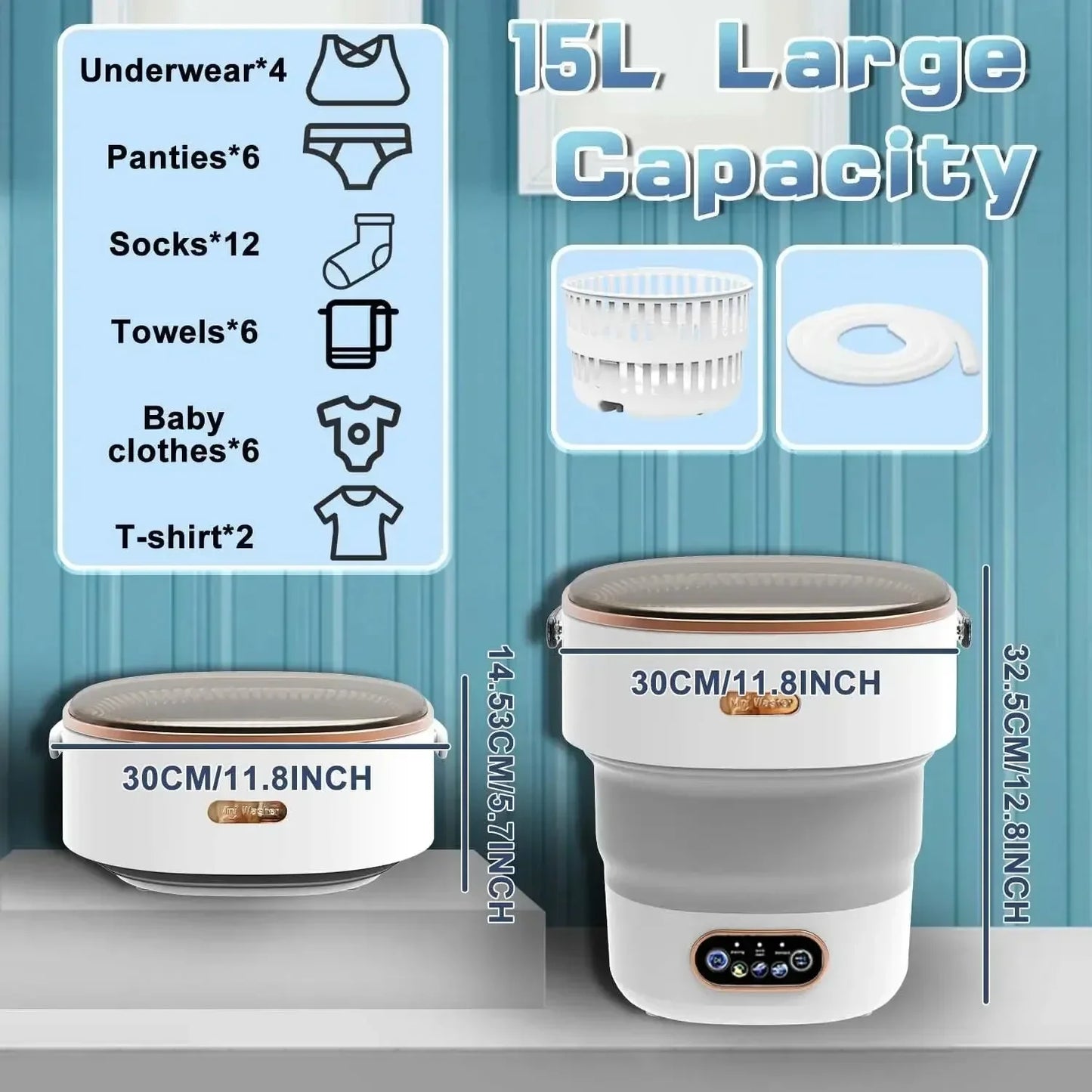 Mini Portable Washer for Underwear Pants & Socks - 15L High-Capacity Foldable Spin Basket with Hidden Drainage Pipe