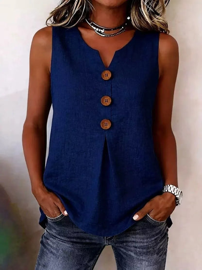 Summer 2026 Women's Blouses Fashion Button Cotton Linen Sleeveless Shirts Casual Solid Colors V-Neck Loose Plus Size Tank Tops