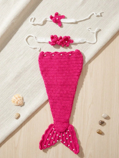 3Pcs Newborn Photography Props Baby Girl Crochet Mermaid Tail Outfit Handmade Photo Shoot Costume Bebe Headband Clothes Set