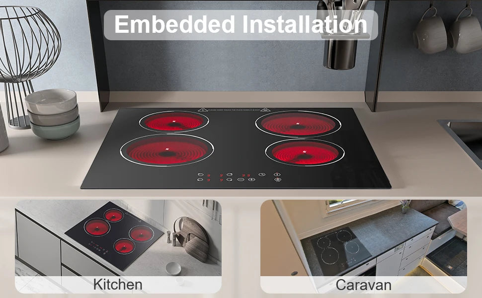 KICHPOWER 60 cm glass 4 plates Touch control, 9 power levels ceramic hob