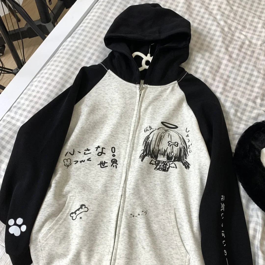 Zip Up Hoodie Cartoon Japanese Grunge Sweatshirt Women Clothing Streetwear Anime Print Jackets Y2k Tops Casual Loose Outerwear