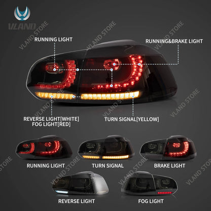08-14 Golf MK6 Hatchback VLAND LED Tail Lights E-Mark w/ Amber Sequential Turn Signal Rear Lamps Assembly Set of 2
